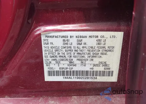 2002 Nissan Altima 2.5 S z USA, uszkodzony, nr VIN 1N4AL11D02C281534